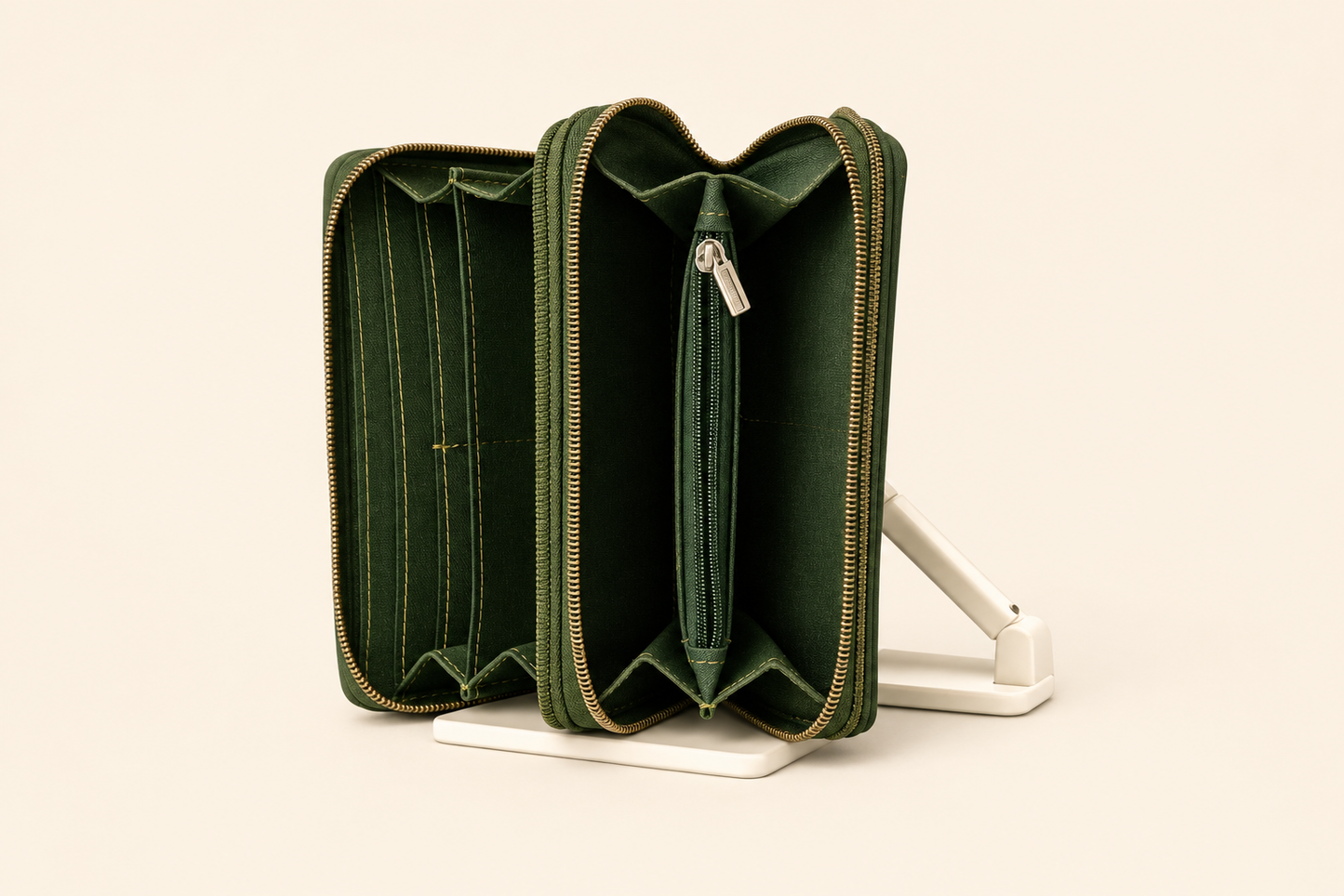 High-Capacity Forest Green Leather Wallet - Dual Zipper Security