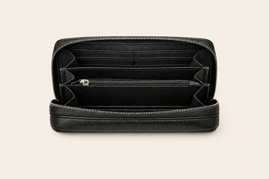 Compact Zip-Around Wallet in Black Pebbled Leather