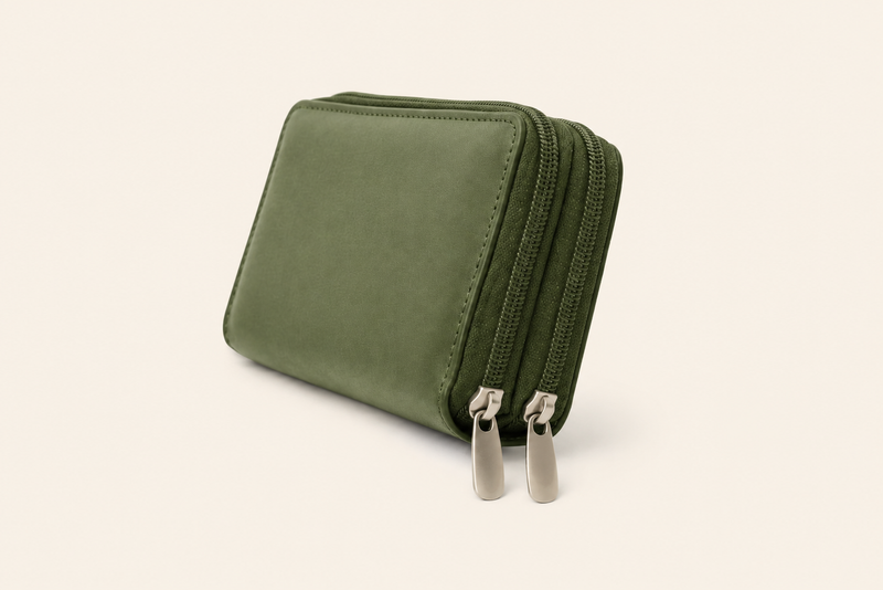 High-Capacity Forest Green Leather Wallet - Dual Zipper Security