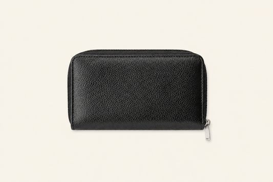 Compact Zip-Around Wallet in Black Pebbled Leather