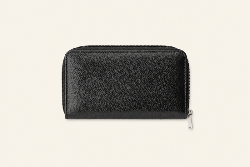 Compact Zip-Around Wallet in Black Pebbled Leather