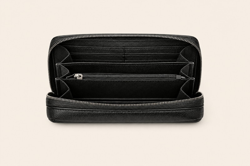Compact Zip-Around Wallet in Black Pebbled Leather