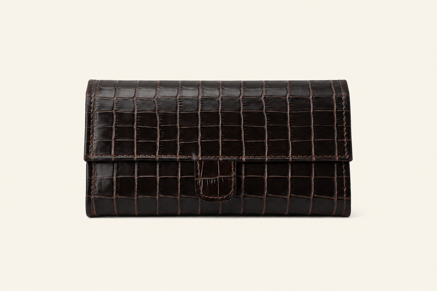 Croc-Embossed Leather Clutch Wallet - Dark Brown