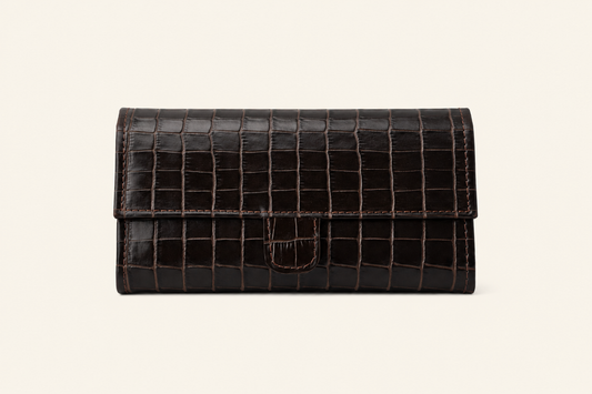 Croc-Embossed Leather Clutch Wallet - Dark Brown