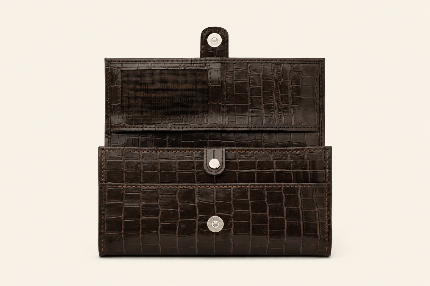 Croc-Embossed Leather Clutch Wallet - Dark Brown