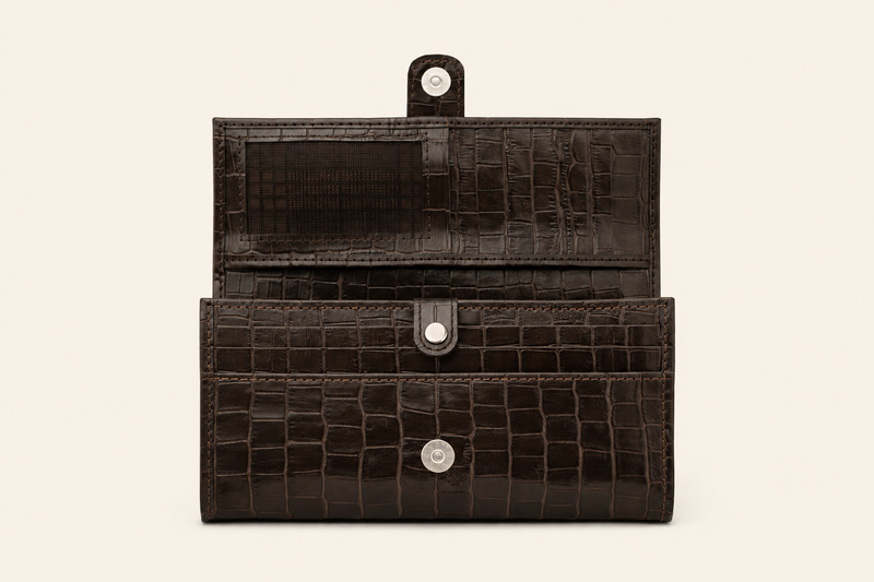 Croc-Embossed Leather Clutch Wallet - Dark Brown