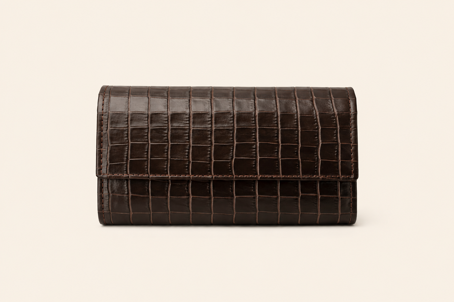 Croc-Embossed Leather Clutch Wallet - Dark Brown