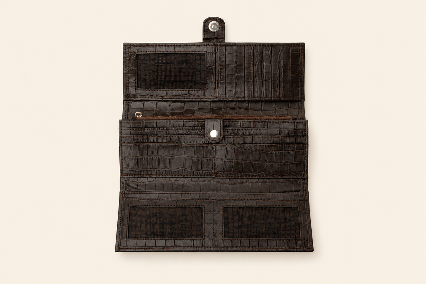 Croc-Embossed Leather Clutch Wallet - Dark Brown
