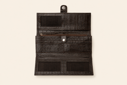 Croc-Embossed Leather Clutch Wallet - Dark Brown