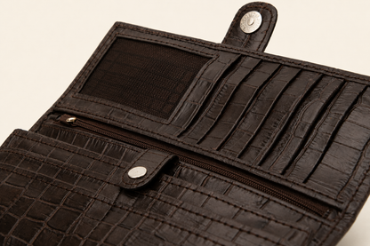 Croc-Embossed Leather Clutch Wallet - Dark Brown