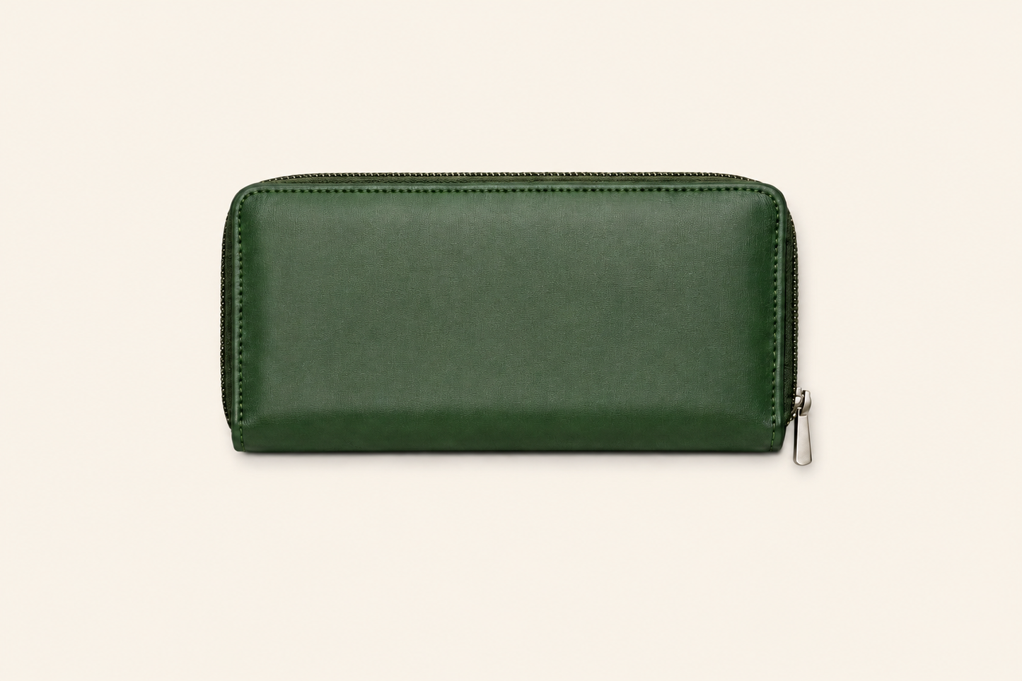 High-Capacity Forest Green Leather Wallet - Dual Zipper Security
