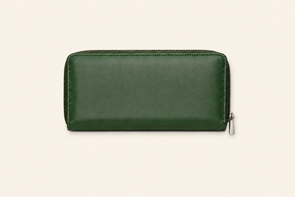 High-Capacity Forest Green Leather Wallet - Dual Zipper Security
