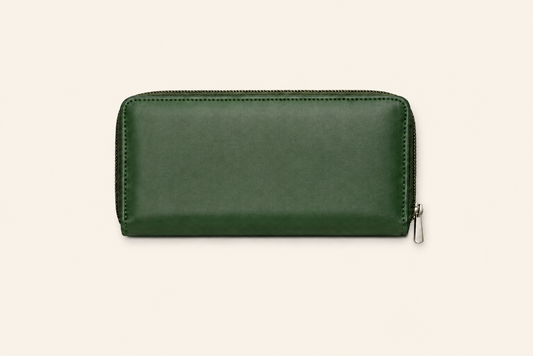 High-Capacity Forest Green Leather Wallet - Dual Zipper Security