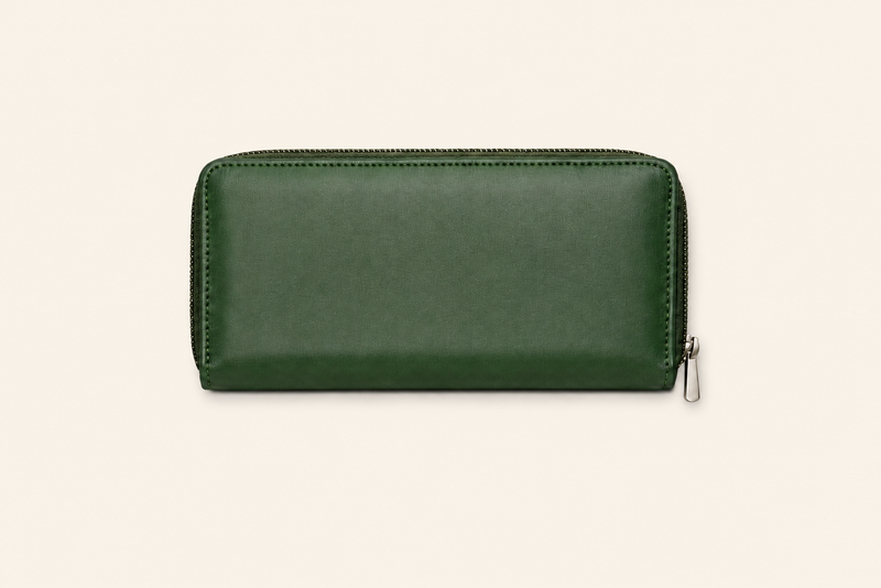 High-Capacity Forest Green Leather Wallet - Dual Zipper Security