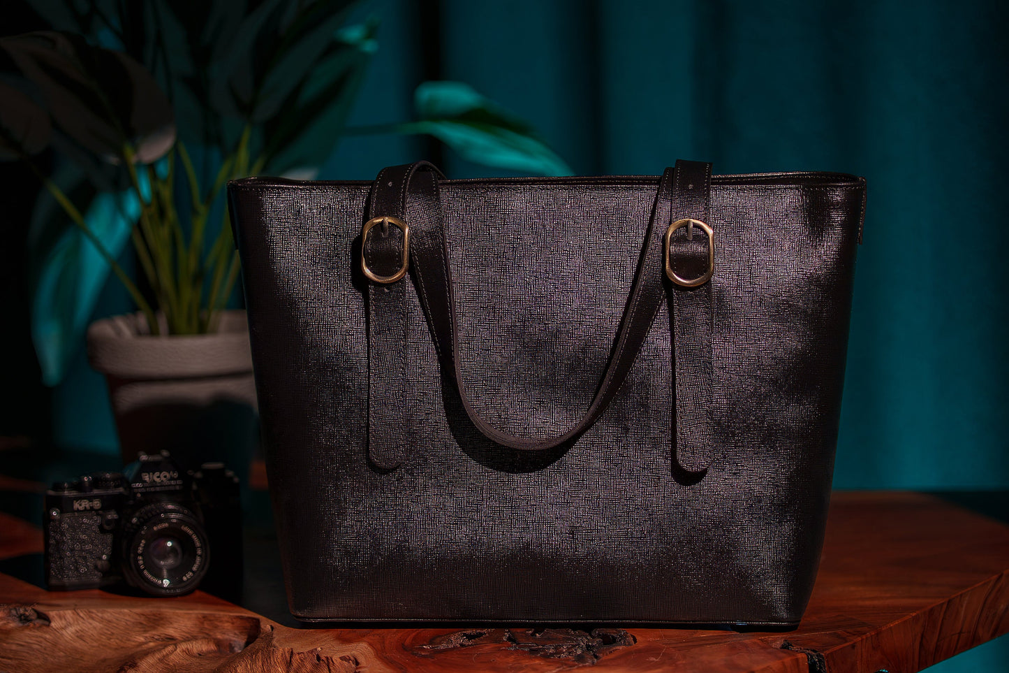 Onyx Black Saffiano Buckle Tote