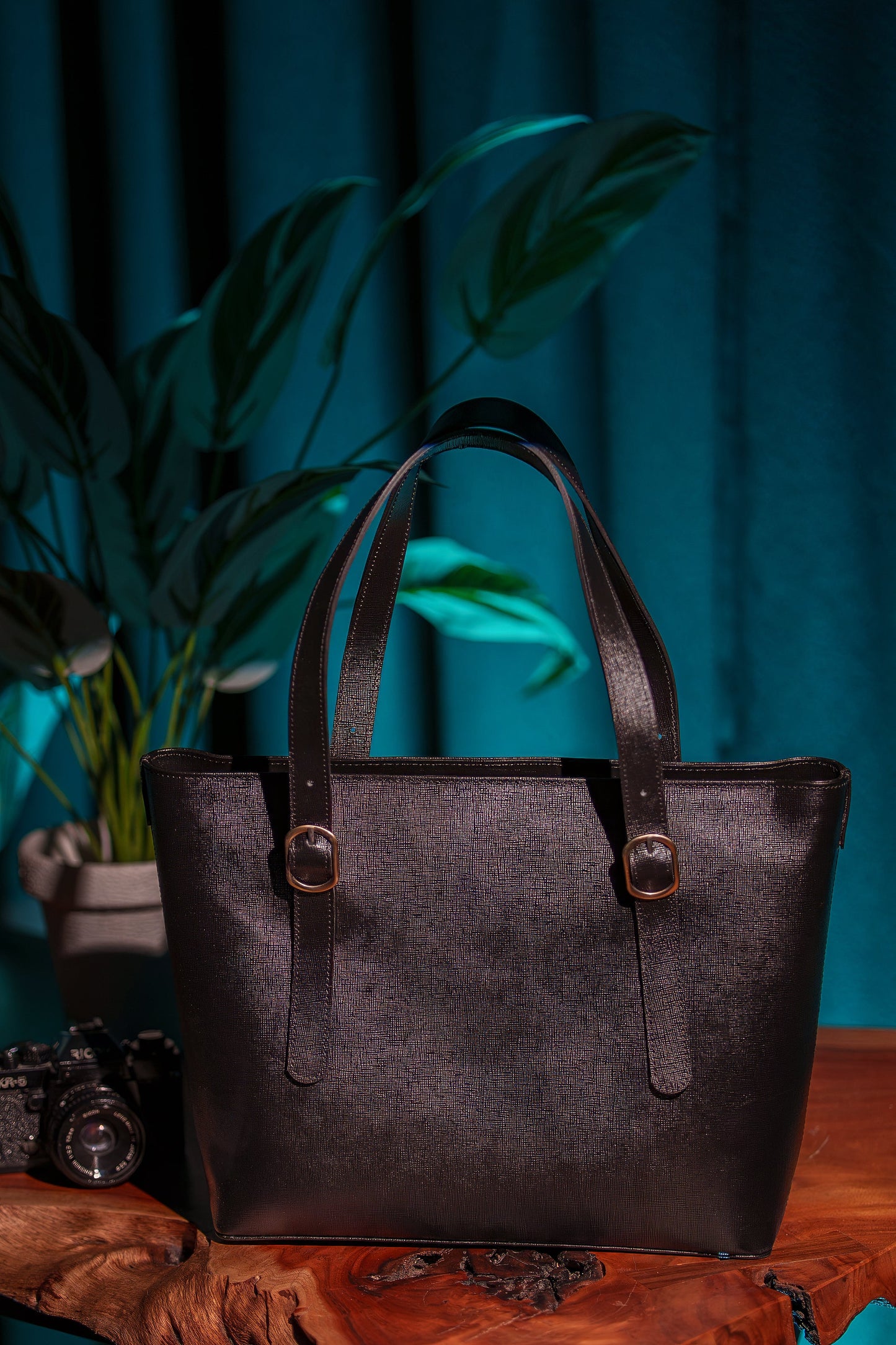 Onyx Black Saffiano Buckle Tote
