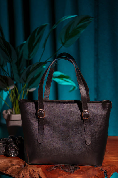 Onyx Black Saffiano Buckle Tote